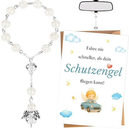 Schutzengel Auto Anhänger Mit Grußkarte & Umschlag – Glücksbringer Rückspiegel Deko, Glücksbringer Auto, RosenkranzAuto Für Führerschein Bestanden Geschenk, Fahranfänger, Neue Fahrer