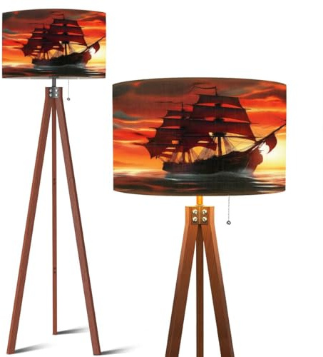 Wood Tripod Floor Lamp Sailboat Rug Seascape Sunset Area Sailing Boat Ship Home Decor Red Modern Standing Lamp Linen Lampshade Dimmable Tall Lamp Mid Century Floor Lamp for Living Room Bedroom