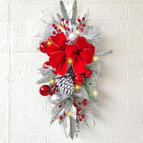 Swag de Navidad con Luces, Swag de lágrima de Navidad Nevada de 60x30cm Nevada con piñones, Bolas y Arco, meteorización iluminada para Decoraciones de Ventanas de Pared de barandilla de escaleras