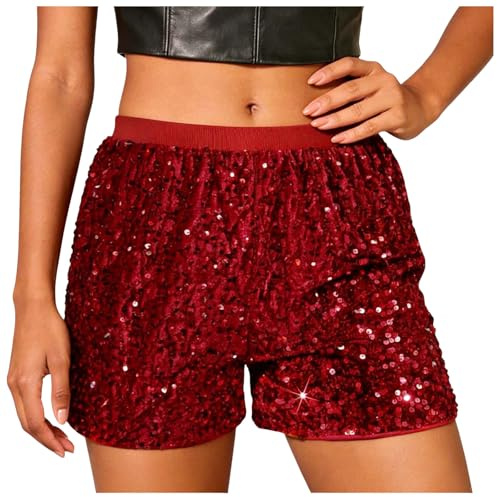 Glitzer Shorts Damen Elegant Partyshorts Taille Kurz Hose Shorts Pailletten Hot Pants Party Glitzer Hohe Elastische Taille Hose Paillettenshorts Einfarbig Glitzernd Y2k Pailletten Kurze Party Karneval