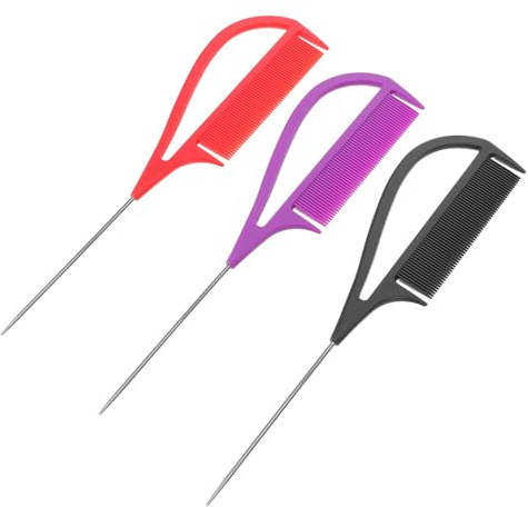 NUOBESTY Set de 3 Peines de Raya Cabello Mango de Plástico y Dientes Metálicos, Ideales para Teñir y Peinar en Casa Ocasiones Obsequios