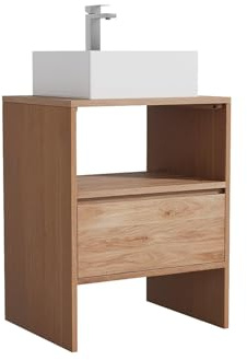 Vente-unique-Mueble de baÒo de Roble Macizo con Lavabo Cuadrado sobre encimera y Grifo - Natural Claro - 60 cm - CAVIZO