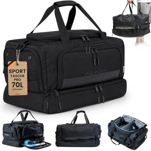 OTARO Sporttasche mit Schuhfach & Nassfach – 70L Reise- & Fitnesstasche mit Laptopfach, Rucksackgurten, vielen Fächern & wasserdichtem Fach – robuste Reisetasche für Damen & Herren (schwarz)