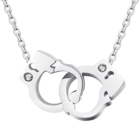 Hanessa Schmuck für Damen silberne Hals-Kette mit Handschellen-Anhänger Edelstahl in Silber Strass-Steine Geschenk zu Weihnachten für Ehe-Frau/Freundin/Frauen