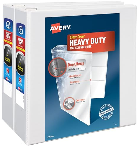 Avery Strapazierfähiger Ringordner mit 3 Ringen, 10,2 cm One-Touch-Ring, für 21,6 x 27,9 cm Papier, 2 weiße Ordner (79875) | Für schwere Schule und Büro, DuraHinge reißfester Rücken, DuraEdge Split-resistant Sides, Interior Pockets