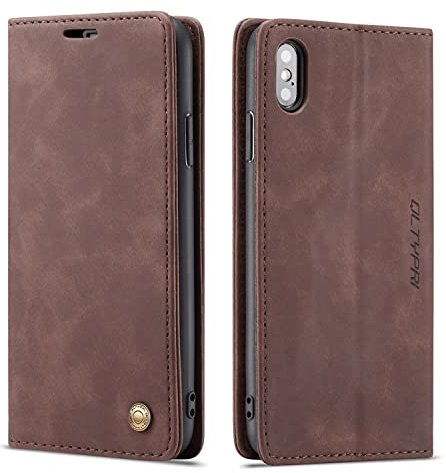 QLTYPRI Hülle für iPhone X XS, Vintage Dünne Handyhülle mit Kartenfach Geld Slot Ständer PU Ledertasche TPU Bumper Wallet Case Flip Schutzhülle Kompatibel mit iPhone X XS - Kaffee Braun