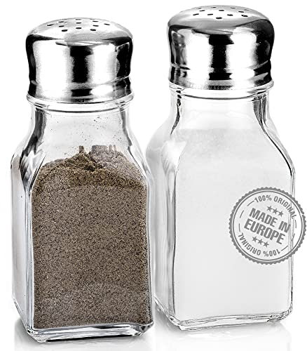 CRYSTALIA Saleros y Pimenteros Restaurante, 100% SIN PLOMO Salero y Pimentero de Vidrio, Saleros de Mesa, Salero de Vidrio, Cocina Salero Pimentero, Shaker Acero Inoxidable, Salt and Pepper Shaker