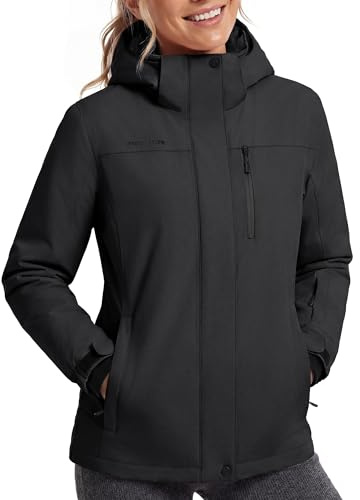 FREE SOLDIER Women's Waterproof Ski Snow Jacket Fleece Lined Warm Winter Rain Jacket with Hood Fully Taped Seams(Black,L)