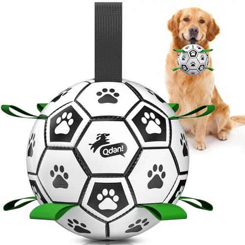 QDAN Pallone da calcio per cani con linguette di presa, giocattolo interattivo per cani per tiro alla fune, recupero, cani di taglia grande (20,3 cm)