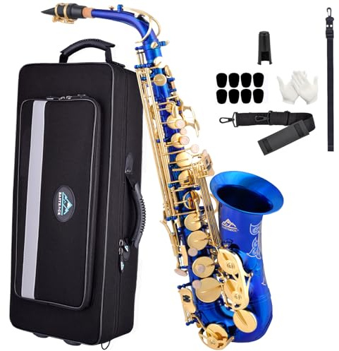 Eastrock Altsaxophon aus Messing und Flat - Set für Schüler und Anfänger mit Tasche, Reinigungsmitteln, weißen Handschuhen und mehr (Blau)