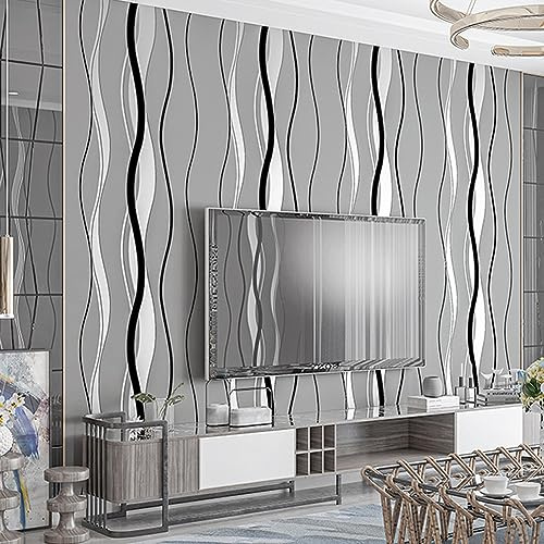 Warmiehomy Non-Woven Wallpaper Flocking 3D Wallpapers 53cm x 9.5m Minimalism Wavy Stripe Wall Covering for Living Room Bedroom Home Decoration