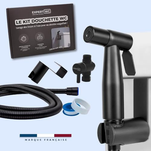 Douchette WC pour Toilette avec Jet Réglable - Marque Française - Bidet Hygiénique avec Robinet 3 Voies, Pistolet, Flexible et Support Inclus - Kit Hygiene Intime Complet (Noir Mat)