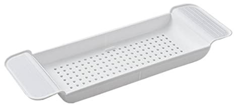 Tomotato Vassoio per Vasca da Bagno, Scarico Espandibile Mensola da Bagno Vassoio per Vasca in Plastica Vassoio Portaoggetti Organizzatore per Candele, Asciugamani, Libri, Vino, Telefono(Bianco)