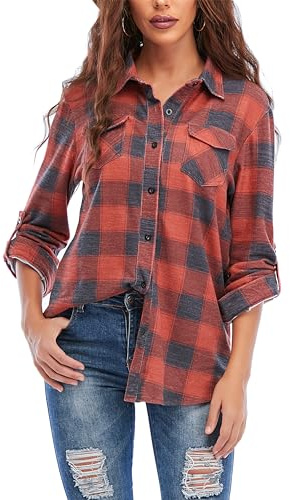 Timuspo Damen Kariertes Bluse Karohemd Button-down Langarmshirt Boyfriend-Stil Baumwolle Hemdbluse Plaid Shirt für Frühling und Herbst XXL