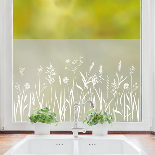Wandtattoo Loft Sichtschutzfolie Blumenwiese Wiese Blumen Fensterfolie Fensterdeko Milchglasfolie Wiederverwendbar, 55 cm hoch, 100 cm breit