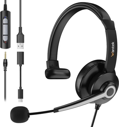 Wantek USB Headset with Mic One Ear, Headphones with Microphone 3.5mm/USB/Type C [3 IN 1] PC Headsets Over-Ear w/Noise Canceling Mute Volume for Computer Laptop, Call Center, Office, Game, Team Works