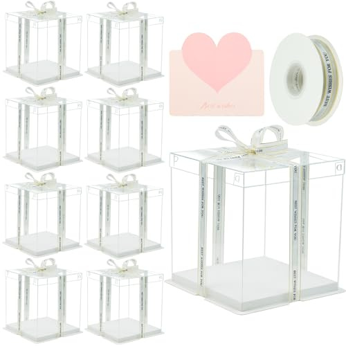INPARALLUV 8x8x9Inch Clear Cake Box 8Pcs Tall Cake Box Clear Boxes Treat Boxes Cake Transport Container Tall Cake Carrier for Transport Gift Box Display Case cajas para pasteles White