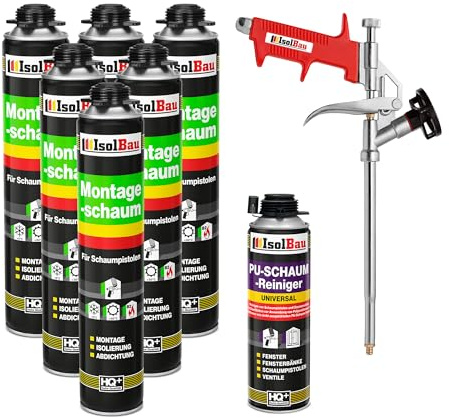 Isolbau Bauschaum-Set - Inkl. 6 x 1K Montageschaum B2 Pistolenschaum mit hervorragender Schall und Wärmedämmung (je 750 ml), 1 x PU-Schaum-Reiniger (500 ml) & 1 x Schaumpistole, Abdichten