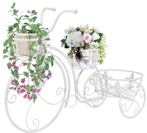Gecheer Weiss Retro Metall Blumentreppe Pflanzentreppe Pflanzenständer Blumenregal Dekoration Blumentreppe Fahrradform Vintage Metall Blumenständer