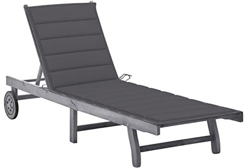 Gecheer Akazienholz Massiv Sonnenliege mit Auflage 2 Rädern Gartenliege Holzliege Relaxliege Gartenmöbel Liege Strandliege Saunaliege Grau Freizeitliege,200 x 59/63 x 30/62/76/85 cm (B x T x H)