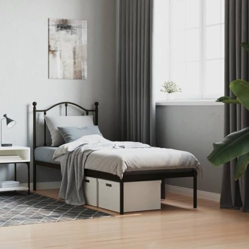 ZQQLVOO Bed Frame Lattenrost Palettenbett Bodenbett Bettgestell mit Kopfteil Metall Schwarz 75x190 cm