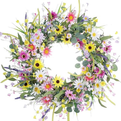 50CM Spring Wreath for Front Door Summer Artificial Daisy Lavender Wreath,Wildflower Summer Silk Wreaths forHome Wall Wedding Festival Farmhouse Holiday Decor (Pink-50cm)