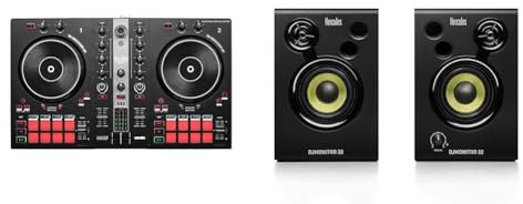 Hercules DJControl Inpulse 300 MK2 – USB DJ Controller – 2 Decks with 16 Pads and Built-in Sound Card & DJMonitor 32-2 x 15 watts RMS active monitoring speakers - UK Version, Black