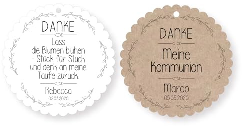 Personalisierte Papier Anhänger Taufe Kommunion – Dankeschön Geschenkanhänger 5 cm – Rund oder Wellenrand – Handmade - Blumensamen