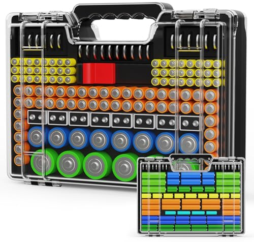 Battery Organizer Storage Holder Box Case with Tester, Stores & Protects Up to 260 Batteries, Double-Sided, Clear Locking Lid, Secure Latches & Portable Carrying Handle (Batteries Not Included)