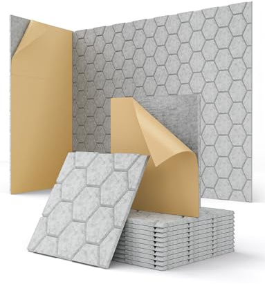 Acoustic Wall Panels Self Adhesive, Honeycomb Peel and Stick Sound Absorbing Panels for Walls, Decorative Hexagon Design Art Tiles for Studio, Home Office, Gaming Room, 12 Pack 12x12x0.4, Grey