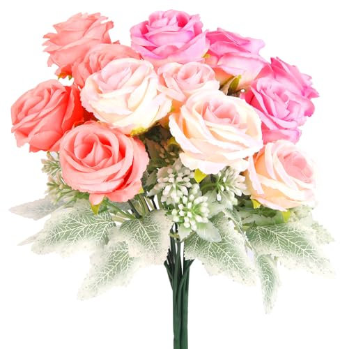 Sandiyago 15 Köpfe Seidenblumen Strauß DREI Farben, Künstliche Blumen, Hochzeitsstrauß, Kunstblumenstrauß, Brautstrauß, Party, Hochzeit, Tischdekoration, Heimdekoration