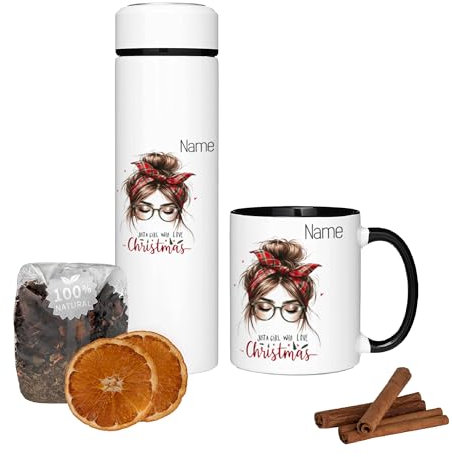 GRAZDesign Geschenkset Weihnachten Thermo Teeflasche mit Tasse Schwarz, personalisiert mit Namen Motiv Christmas
