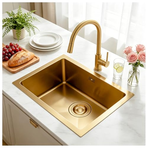 HZKSINNK 55 x 40 cm Évier de cuisine, évier de cuisine, évier sous plan de travail ou sur plan de travail avec filtre de drainage Doré brossé