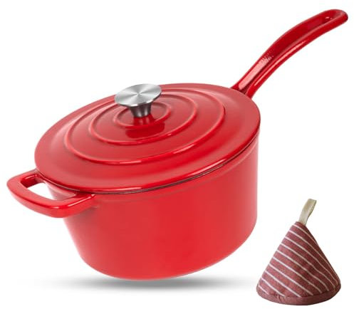 Cocotte en fonte émaillée, casserole en fonte émaillée avec couvercle – Mini cocotte ronde en émail pour cuisiner, mariner, bouillir – Sauce et puddings – 2 litres