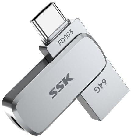 SSK Memoria USB C 64GB e hasta 240 MB/s, 2 en 1 Pendrive Tipo C y USB-A Flash Drive, Portátil Impermeable Dual Pen Drive para iPhone 15/16Pro/Win/Android Resistente al Agua, al Polvo y a Las caídas