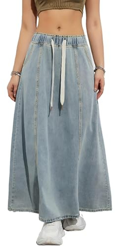 SUIUOI Jupe longue en jean pour femme, taille haute, décontractée, élégante, polyvalente, en denim, bleu clair, XL