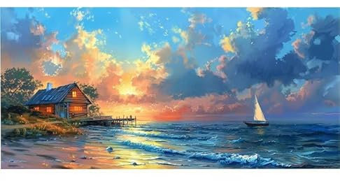 Malen Nach Zahlen Erwachsene Strand Segelboot, Kinder für Anfänger Einfaches DIY-Ölgemälde-Set auf Leinwand mit Pinseln und Acrylpigment, Bastelset Erwachsene Malen, Dekor Geschenk 100x200cm Ws-435