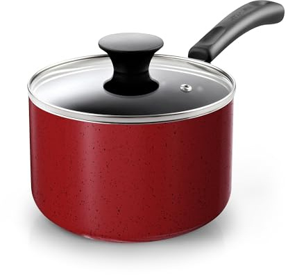 Cook N Home Non Stick Sauce Pan, 2 Quarts Saucepan with Glass Lid, Nonstick Small Multi-purpose Pot, Milk Chocolate Aluminum Cooking Pot Pan with Stay-Cool Handle, Marble Red