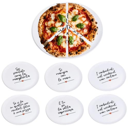 Tata Home Set 6 Piatti per Pizza in Melamina Diametro 33 cm con Decorazioni Scritte Simpatiche Piatti Piani Bianchi Grandi Mod. Happy