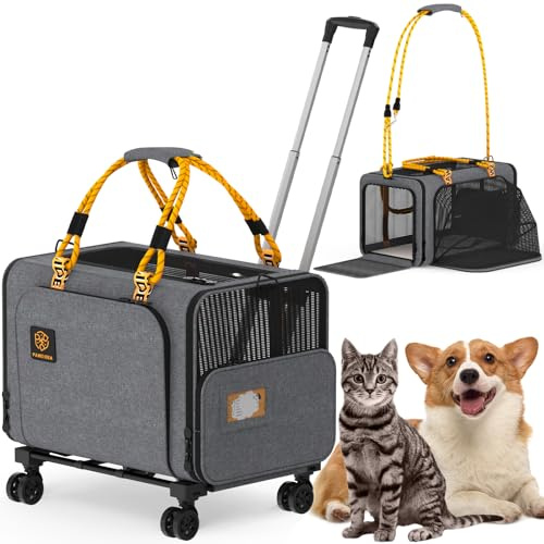 PAWZIDEA Erweiterbare große Haustier-Tragetasche mit Rollen, 61 x 40,6 x 40,6 cm, Rollende Katzentrage für 2–4 Katzen bis 25 kg, weiche Seiten, zusammenklappbar, kleine und mittelgroße Hundebox für