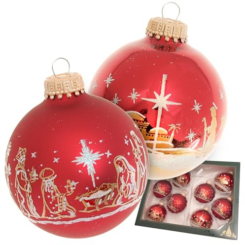 Krebs Glas Lauscha Weihnachtsdekoration/Christbaumschmuck aus Glas - 2er Boxset je 4 Christbaumkugeln - Motiv: Heilige Nacht Bethlehem - Größe: ca. 7 cm