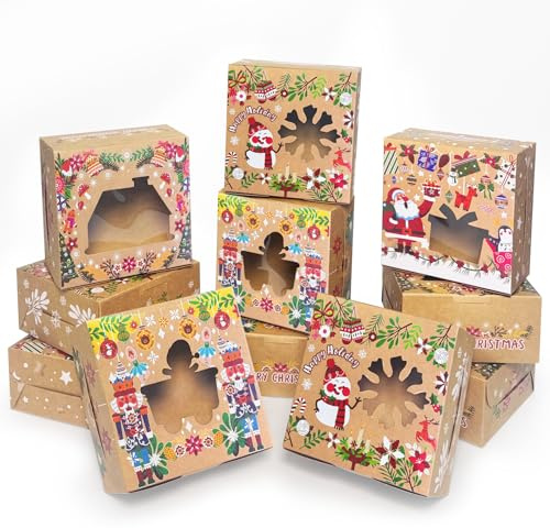 Gcardist Christmas Treat Boxes with Window Brown Kraft Bakery Cookie Boxes Small Donut Pastry Boxes for Holiday Party Supply Gift-giving 12pcs (15.24x15.24x7.62 cm)