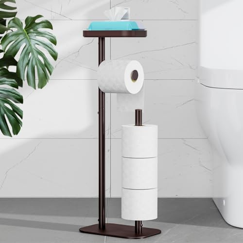 Kitsure Toilet Paper Holder Free Standing – Rustproof Metal Toilet Paper Stand for 4 Rolls with Anti-Slip Base and Shelf for Phone & Small Items, Bathroom Organizers and Storage, Medium, Brown