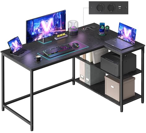 VASAGLE Hörnskrivbord i L-form, datorbord med förvaringsutrymme, kontorsbord, höjdjusterbar hylla, för hemmakontor, med 2 AC-uttag och 2 USB-portar, 120 x 80 cm, ebenholts svart LWD132BE01