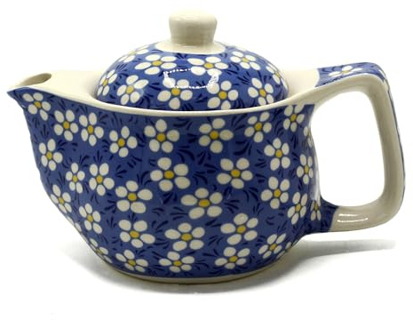 Small Herbal Teapot, Ceramic and Metal Strainer, Blue Daisy Pattern, 17x11x11 cm