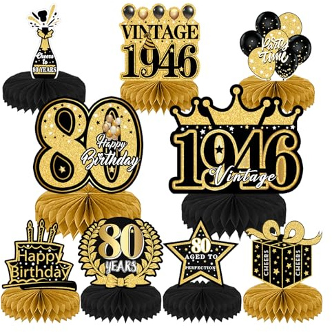 80th Birthday Decorations, 9 Pcs Table Decoration Black Gold Party Supplies, Honeycomb Centerpieces Cake Toppers, 80 Years Old Birthday Parties Dinner Table Topper, for Women and Men Born in 1946