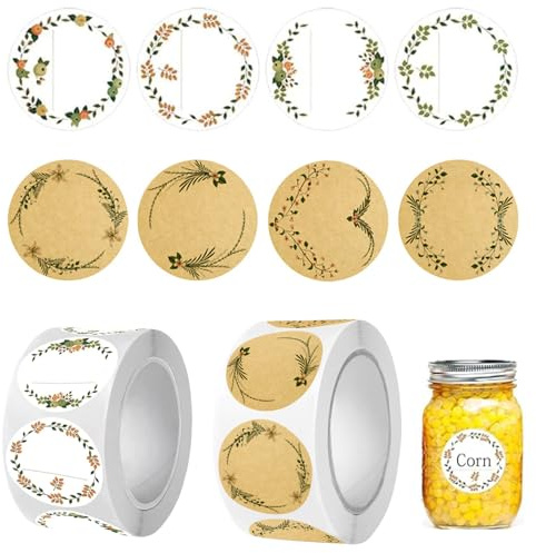1000 Stück Selbstklebende Etiketten Selbstklebend, Marmeladen Etiketten, 2.5 cm Kraftpapier Aufkleber Zum Beschriften, Backen, Geschenke, Küche, Gewürze, Honigflaschen, Dekorative Aufkleber（Stil 2）
