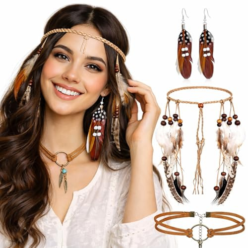 QIMMU 3 Stück Hippie Kopfschmuck Damen,Boho Stirnband Damen,Wikinger Accessoires Federschmuck für kostüm damen,Kopfschmuck Karneval
