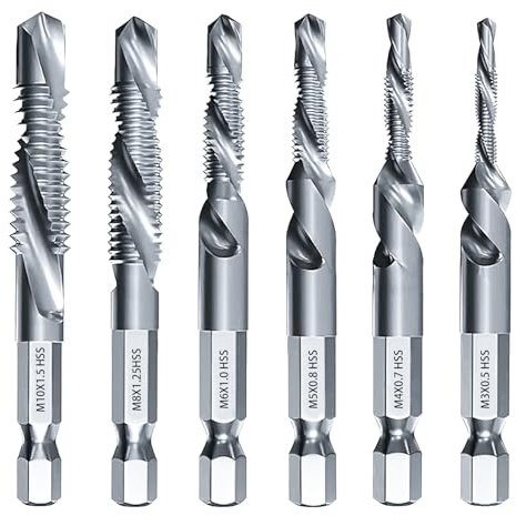 Lot de 6 tarauds combinés et tarauds combinés avec tige hexagonale, M3, M4, M5, M6, M8, M10 à changement rapide, tarauds combinés et fraises pour métal, bois, plastique
