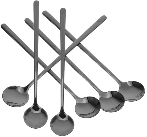 FELTECHELECTR Juego de 6 Cucharas de Acero Inoxidable 304 Mango Largo Color Negro Cucharas para Mezclar Café Té Helado y Postres Cucharitas para Miel y Azúcar Utensilios de Cocina